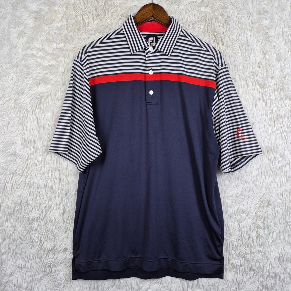 FootJoy Mens Navy Blue Striped Monarch Beach Performance Golf Polo Shirt Medium